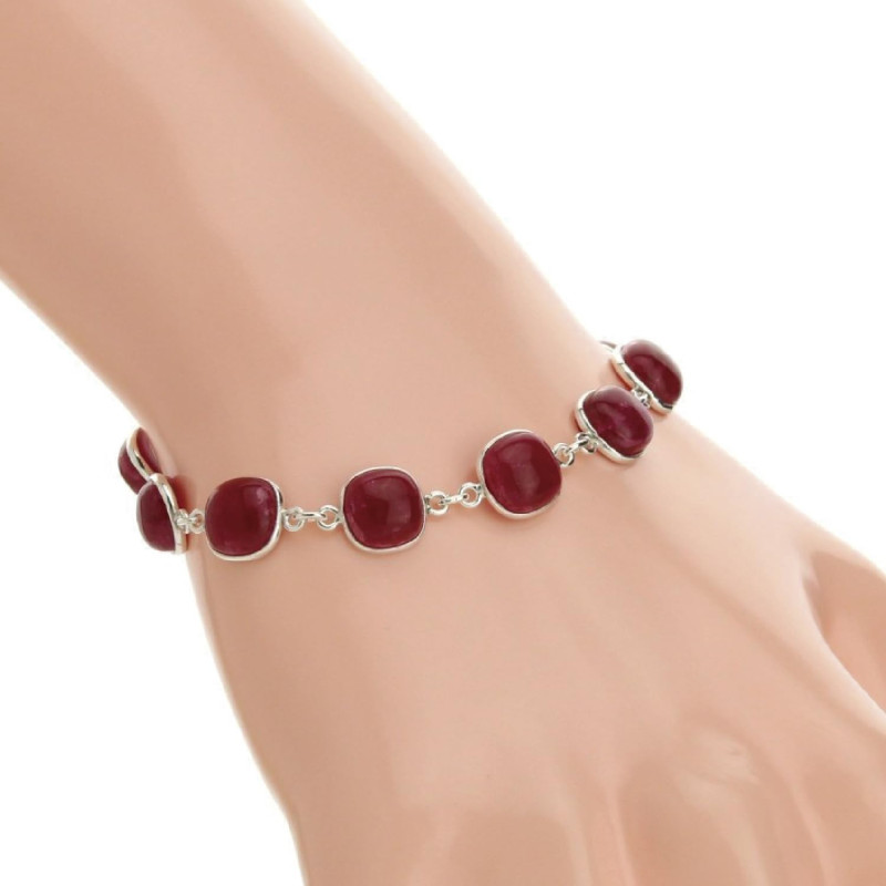 925 Silver Bracelet with Natural Cushion-Cut Ruby Stones