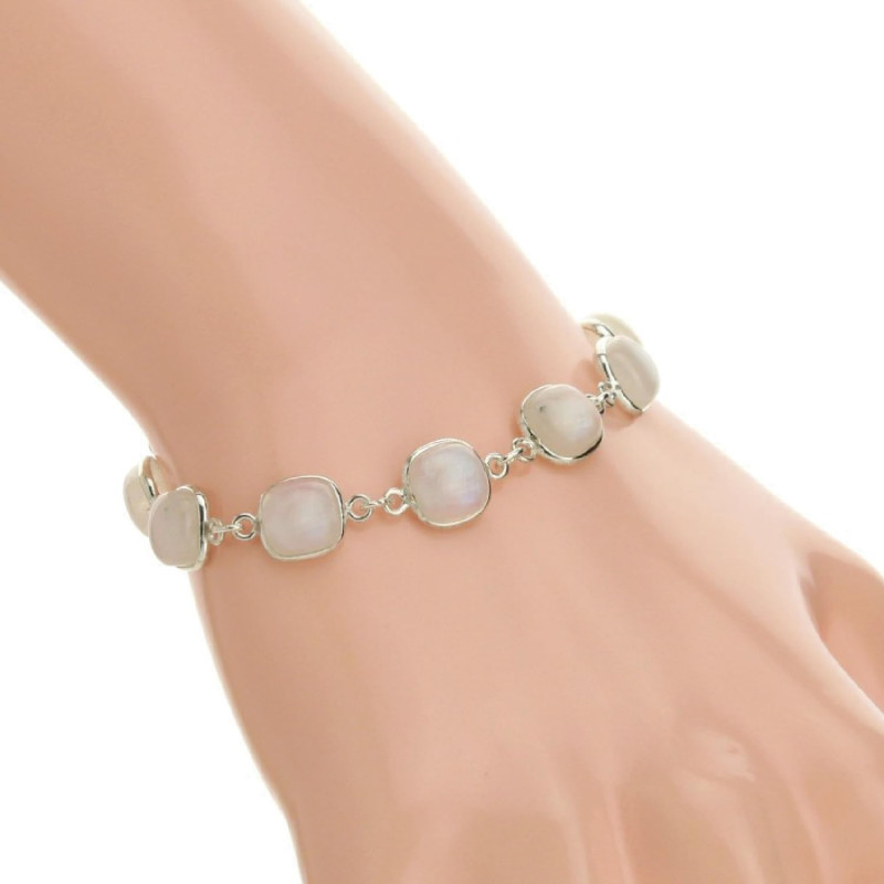 Pulsera plata 925 con piedras naturales de piedra luna talla cojín