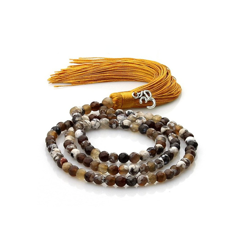 Handcrafted Brown Agate Japa Mala with OM Symbol | Meditation