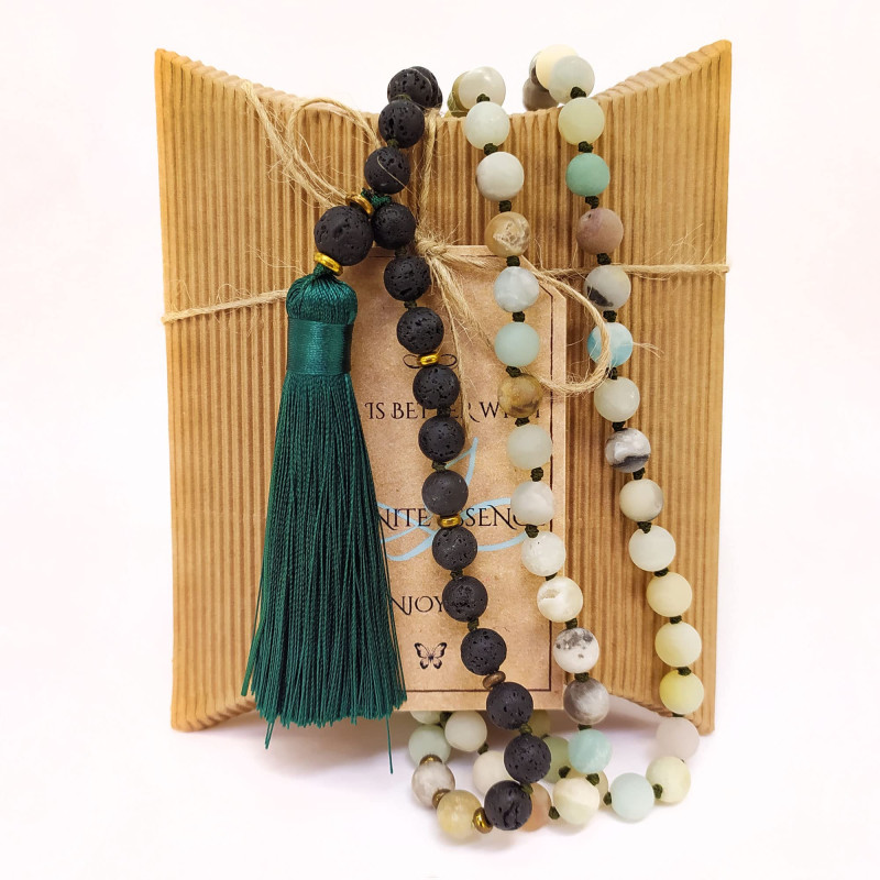 Japa Mala Budista de Amazonita y Lava – 108 Cuentas