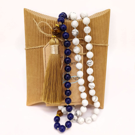 Japa Mala Budista de Lapislázuli, Ojo de Tigre y Howlita – 108 Cuentas 2