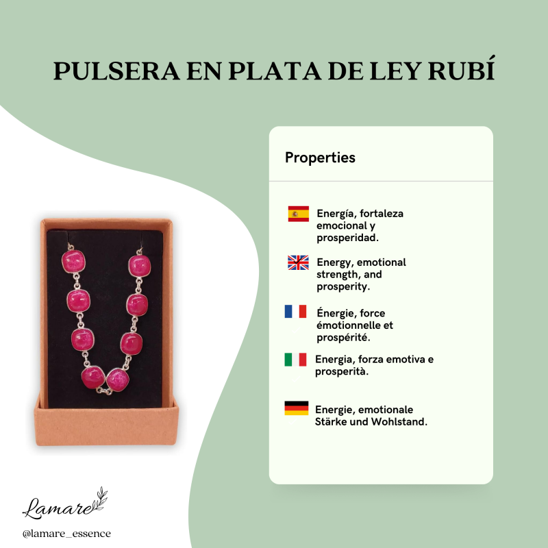 Polsera de plata 925 amb pedres naturals de rubí talla coixí