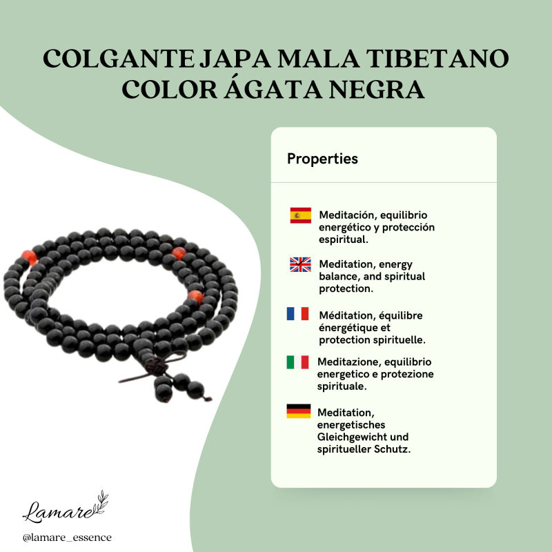 Penjoll Japa Mala Tibetà d’Àgata Negra (108 comptes, 70 cm)