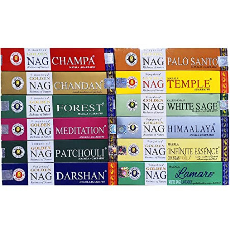 Surtido de incienso Vijayshree Golden Nag - Pack de 12 fragancias - Incluye 2 Fragancias Exclusivas
