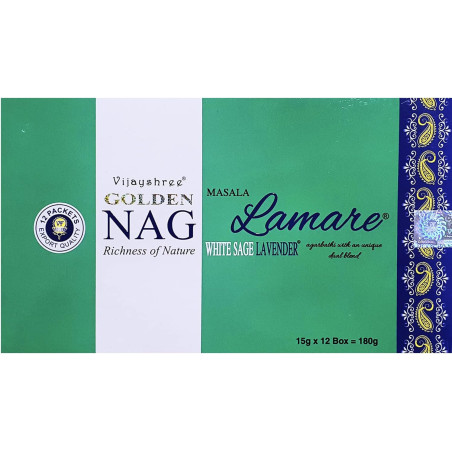 Vijayshree Golden Nag Lamare- Edición Limitada - Fragancia Exclusiva Salvia Blanca y Lavanda - 12 Cajas de 15g